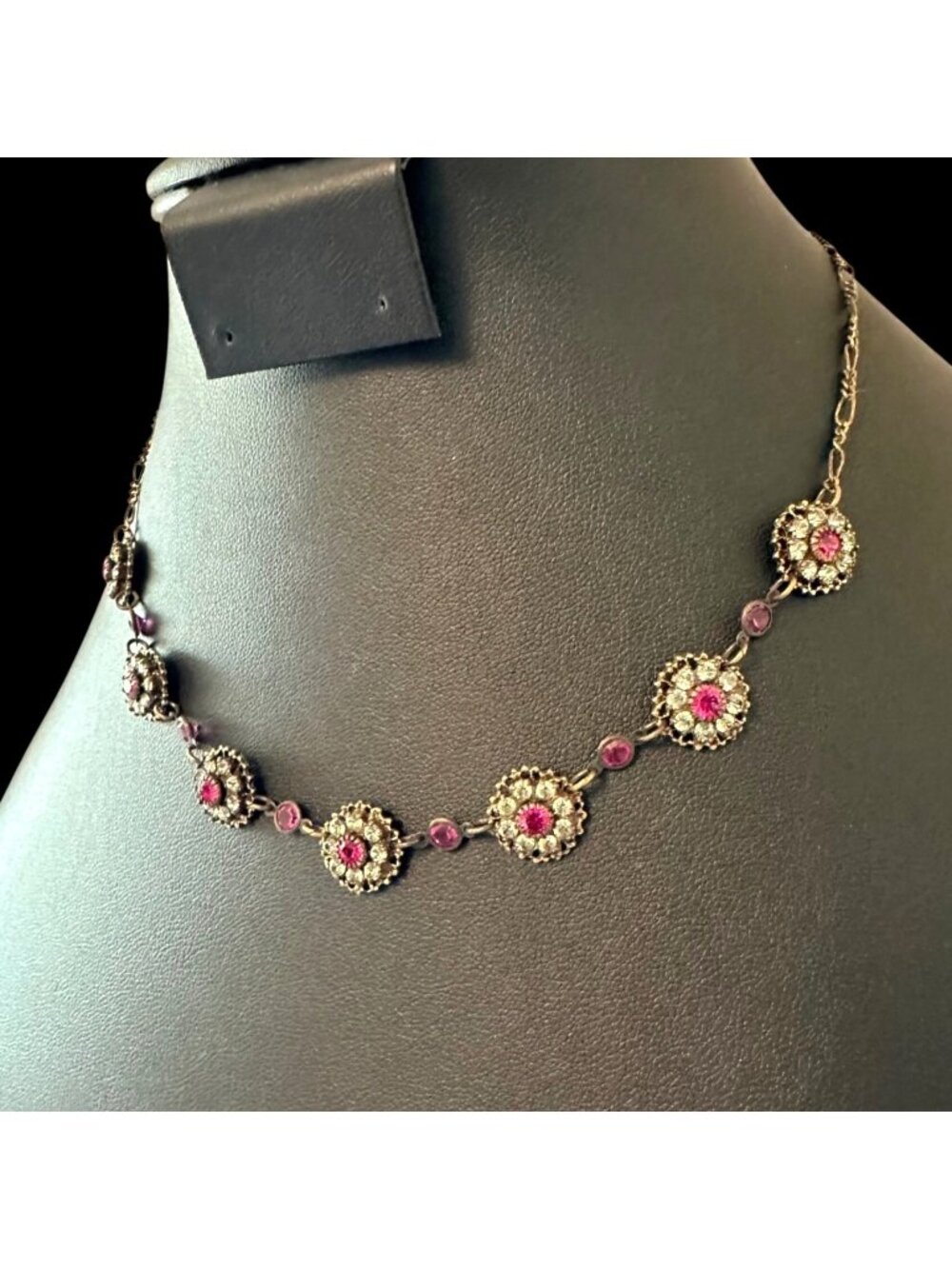 Kenny Ma Vintage Style Necklace Swarovski Crystal Pink Antiqued Bronze Tone
